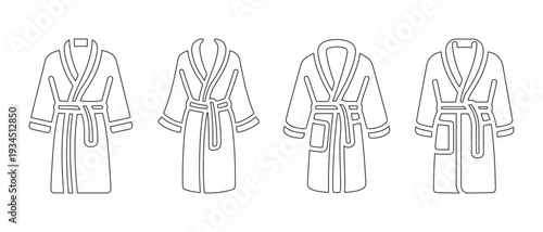 Line art illustrations of bathrobes, showcasing different styles and pocket details, clean graphic design.