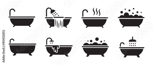 Set of Vintage Bathtub Icons. Filling, Bubbles, Steam, Shower, and Empty Tubs for Bathroom and Hygiene Concepts.