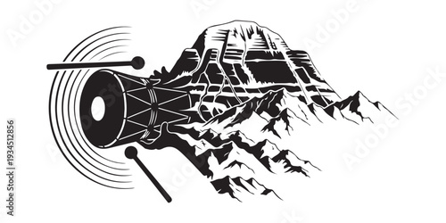 Mount Kailash with Shiva Damaru sound waves silhouette Mahadev abode art Hindu God vector
