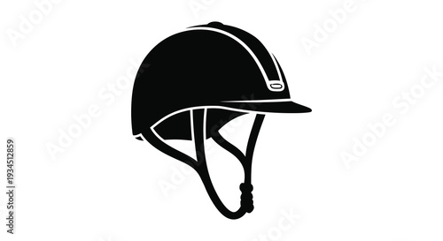 A sleek black equestrian helmet is prominently displayed against a white background showcasing its protective design silhouette