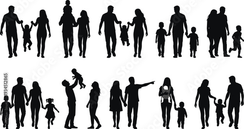 WebSet of happy family silhouettes featuring parents and children walking, playing, running, and bonding together, diverse domestic life vector collection,