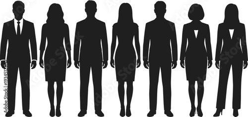 WebProfessional business people group silhouette featuring men and women in formal suits standing together, corporate team, isolated on white background.