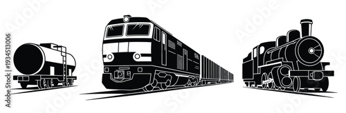 Train Engine Flat Vector Icons Set, Featuring Vintage Locomotive Silhouettes and Railway Transport Collection Perfect for Transportation Design, Travel Projects, and Creative Applications.