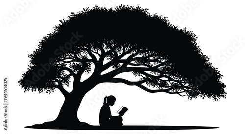 A solitary figure reads a book beneath the expansive branches of a large tree captured as a silhouette