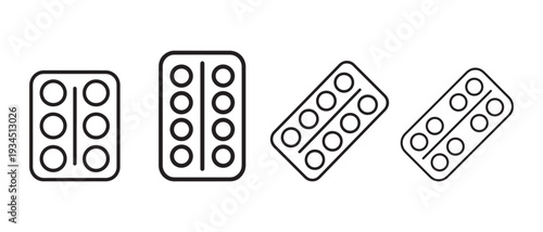 Pill blister pack icons, set of four line art illustrations showing medication tablets in packaging for healthcare and pharmacy.