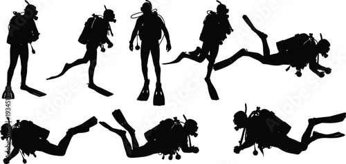 WebScuba Diver Silhouette Vector Collection, Deep Sea Underwater Explorer Icons, Professional Diving Equipment Set, Black Snorkeling and Swimming Action Figures
