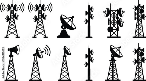 WebSet of telecommunication tower silhouettes, radio antenna and satellite dish vector icons, cellular signal transmitter station, broadcast equipment communication elements.