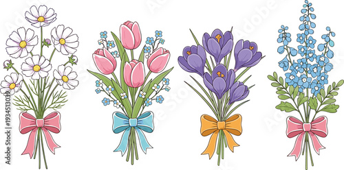 Watercolor Spring Flower Bouquets with Tulips, Crocus and Wildflowers Tied with Ribbons Isolated on White Background for Greeting Design