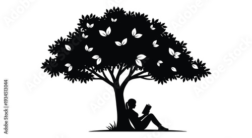 A person sits reading a book under the lush canopy of a large tree depicted as a striking silhouette