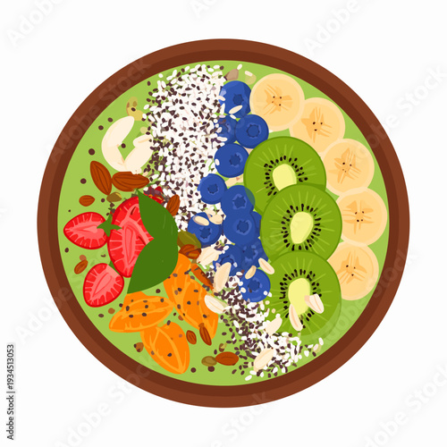 A top-down view of a colorful fruit bowl illustration on a white surface, highlighting sliced strawberries, kiwi, banana, blueberries, and chia seeds for a fresh recipe concept