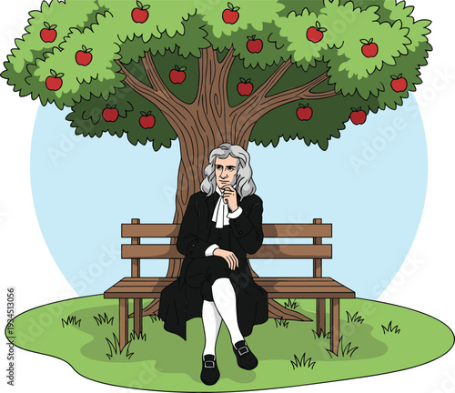 Isaac Newton sitting under an apple tree discovering gravity law illustration for historical science and physics education concepts