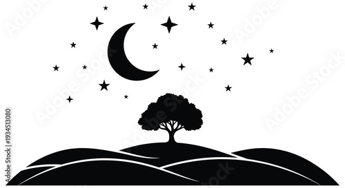 A tranquil nighttime scene depicts a crescent moon stars a tree and rolling hills in silhouette high quality