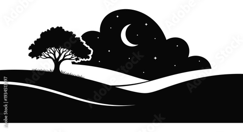 A serene nighttime landscape features a tree crescent moon and rolling hills presented as a striking silhouette