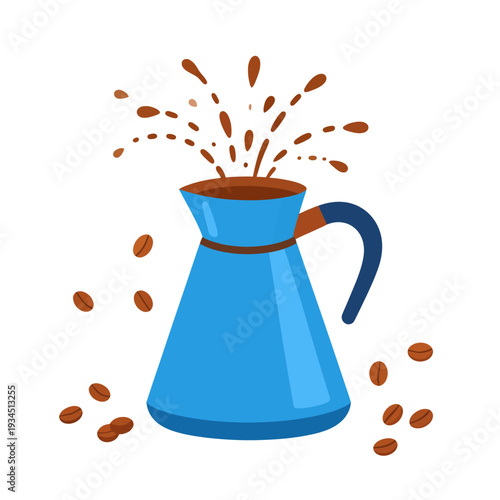 Dynamic illustration of a blue coffee maker splashing coffee grounds and beans, captured from a frontal viewpoint, showcasing the brewing action in a clean white studio setting