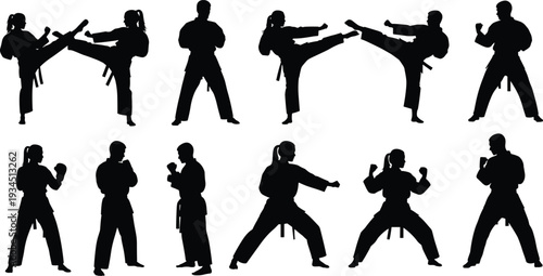 Silhouette collection of karate fighters performing kicks and punches isolated on white background, martial arts training and self defense action set