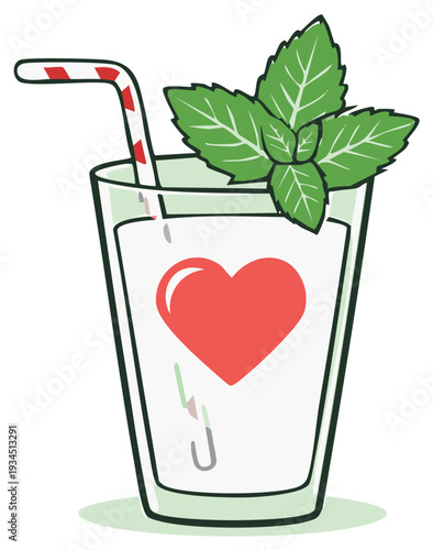 Refreshing drink in glass with red heart design mint garnish and striped straw
