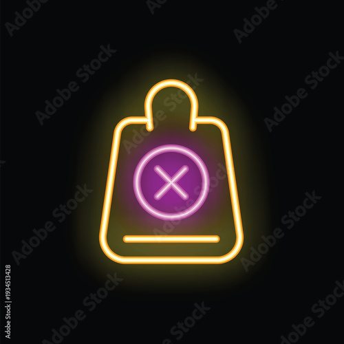 Bright yellow and pink neon sign representing a shopping bag with a cross symbol, evoking the concept of shopping addiction