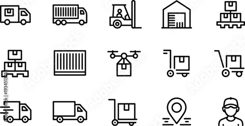 Black-and-white vector icons of logistics, shipping, delivery, warehouse, and supply chain services for transportation, business, and industrial themes.