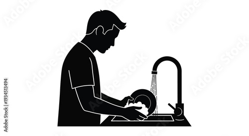 A stark black silhouette depicts a man diligently washing dishes at a kitchen sink showcasing domestic activity