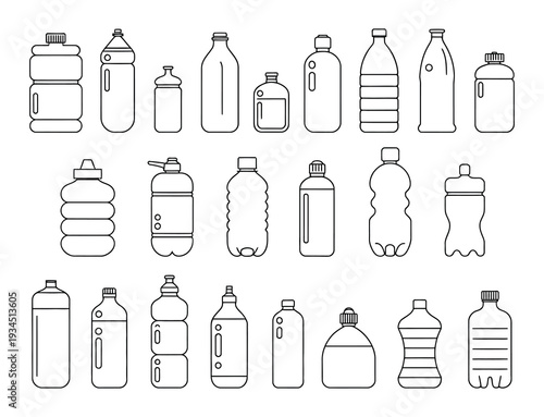 Plastic Water Bottles Outline Icons Set, Vector Collection of Plastic Bottles for Water, Isolated on White Background for Web, Advertising, and Graphic Design.