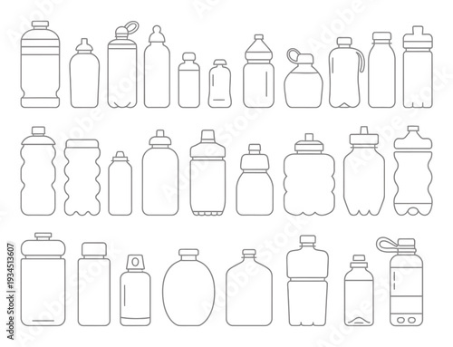 Plastic Water Bottles Outline Icons Set, Vector Collection of Plastic Bottles for Water, Isolated on White Background for Web, Advertising, and Graphic Design.