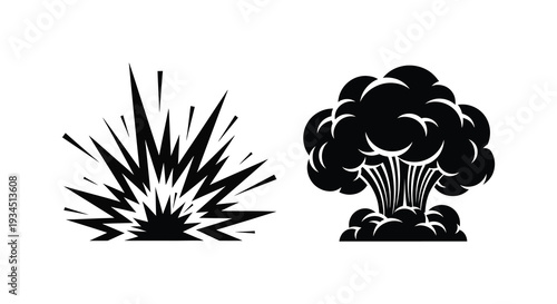 Dramatic depictions of two distinct explosion shapes are showcased in a stark monochrome style silhouette high quality professional