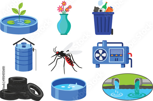 Mosquito breeding grounds icon set featuring stagnant water in tires ponds tanks and trash for public health prevention
