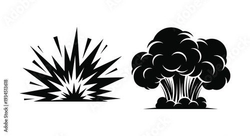 Two distinct black explosion shapes are depicted with sharp radiating lines and a puffy cloud a dramatic silhouette