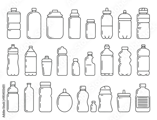 Plastic Water Bottles Outline Icons Set, Vector Collection of Plastic Bottles for Water, Isolated on White Background for Web, Advertising, and Graphic Design.
