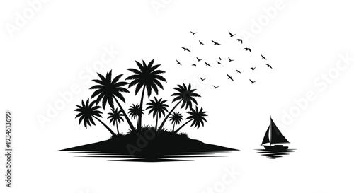 A tropical island scene with palm trees a sailboat and a flock of birds in flight a silhouette