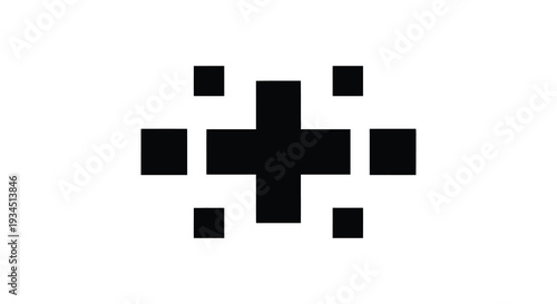 A stark geometric arrangement of black squares against a white background creates a minimalist abstract design silhouette