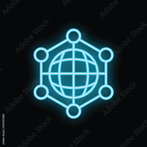 Neon blue global network connecting icon on black background