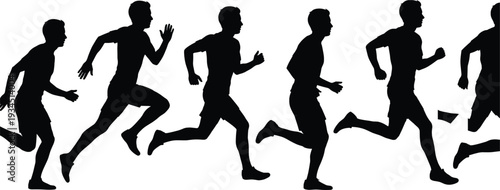 Silhouettes Of A Runner In Motion Across A White Background Keywords: silhouette, runner, running, motion, movement, athlete
