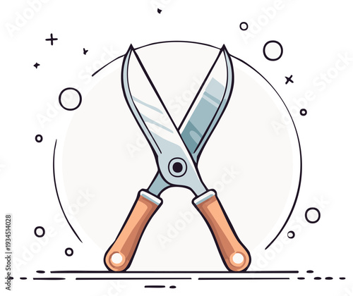 Illustration of Open Garden Shears Tool with Wooden Handles Against Light Circular Backdrop