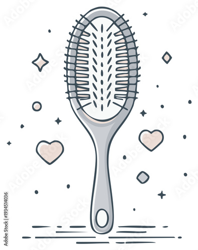 Oval Hair Brush with Hearts and Sparkles Vector Illustration