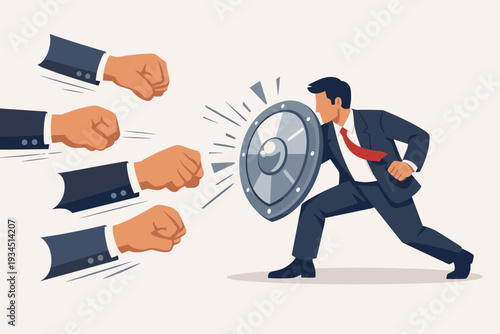 Businessman in a suit defending himself with a shield against multiple attacking fists, representing business competition, resilience, crisis management, and overcoming adversity in corporate world.