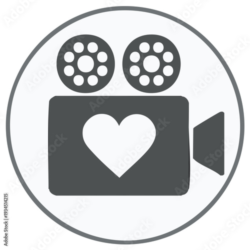 Vintage film camera with a heart symbol and reels inside a circle