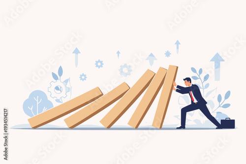 Businessman Pushing Back Falling Dominoes for Business Resilience and Crisis Management. Professional Man Stopping Economic Collapse with Strength, Endurance, and Determination in Flat Vector.