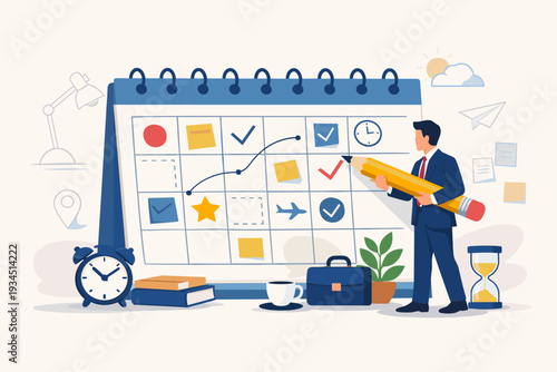 Businessman Planning Work Schedule on Giant Calendar with Large Pencil, Time Management Concept with Alarm Clock, Hourglass and Briefcase, Professional Organizer for Agenda, Tasks and Meetings
