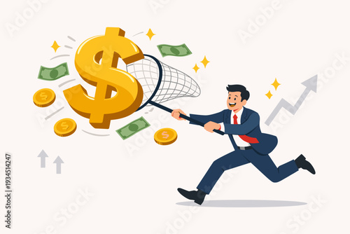 Businessman catching a large gold dollar sign with a net, representing financial success, investment opportunity, high profit return, wealth creation, stock market growth, and earning money.