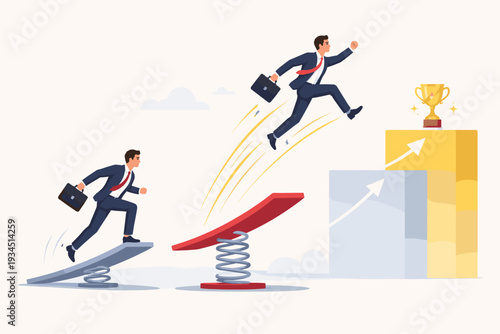 Ambitious businessman using a powerful spring to jump higher and faster than his competitor towards a gold trophy, representing innovation, smart strategy, competitive advantage, and success.