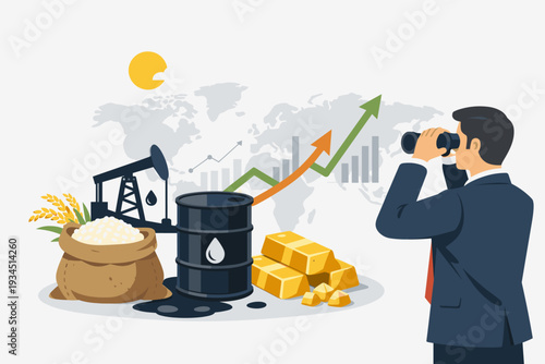 Businessman with binoculars looking at global commodity market trends including crude oil barrel, gold bars, and rice sack with rising growth charts and world map background for investment vision