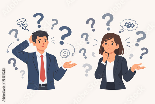 Confused Business People Man and Woman with Question Marks Around Them Feeling Lost and Doubtful in a Complex Situation or Problem Solving Process Vector Illustration for Business Concepts