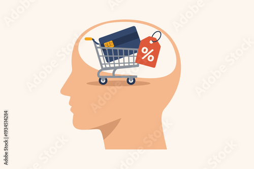 Consumerism and Shopping Addiction Concept Illustration Showing a Human Head Profile with a Shopping Cart, Credit Card, and Discount Tag Representing the Constant Desire to Purchase and Buy Items