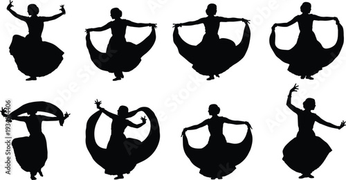 Silhouette collection of traditional Spanish flamenco dancer with flowing dress isolated on white background, elegant female dance poses for cultural design