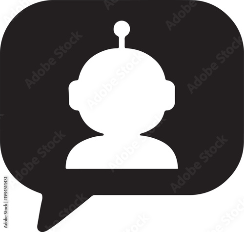 AI chatbot message bubble silhouette with smart conversation icon, artificial intelligence communication concept, automated digital assistant support illustration, clean minimal black vector 