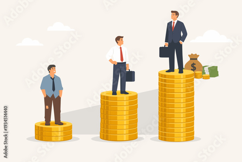 Wealth Inequality and Income Gap Concept with Men Standing on Stacks of Gold Coins Representing Different Social Classes and Financial Success Levels in a Capitalist Economy Vector Illustration
