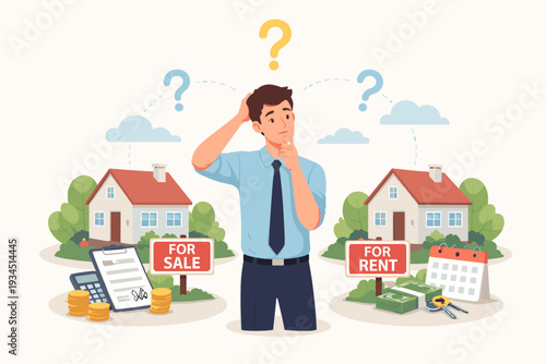 Confused Man Choosing Between Buying or Renting a Home, Real Estate Market Concept with For Sale and For Rent Options, Mortgage, Investment, and Property Ownership Decision Vector Illustration.