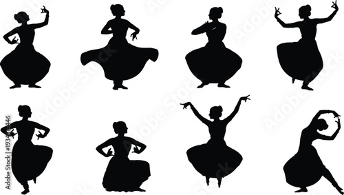 Silhouette collection of traditional Indian classical dancers in expressive poses isolated on white background, elegant female dance figures set for cultural design projects