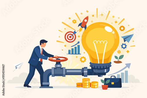 Businessman turning a valve to ignite a giant lightbulb of innovation and creative ideas. Concept for business growth, mentorship, coaching, strategic solutions, and professional success.